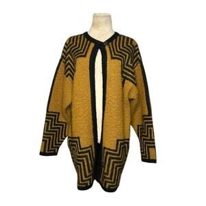 Priscilla Mustard Black Knit Zig Zag Pattern Retro Cardigan Sweater size M